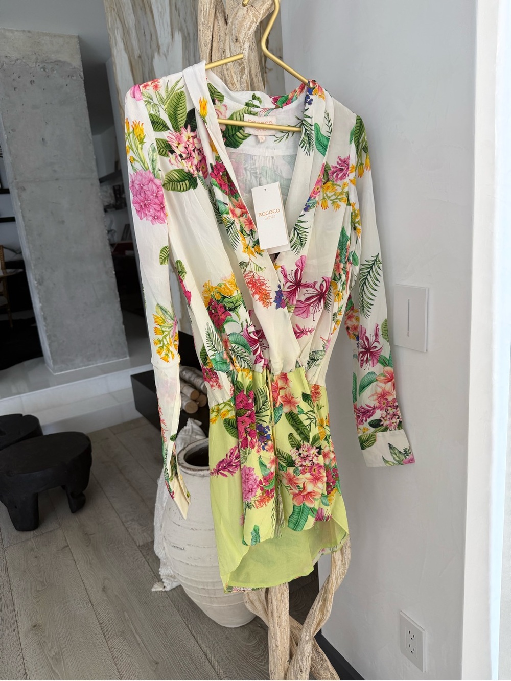 Rococo Sand White and green floral dresswith Pink & Lime Accents and tassel belt